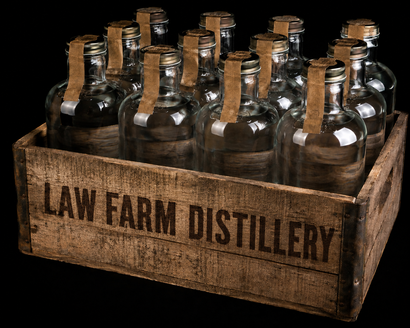 Law Farm Distillery crate of bottles