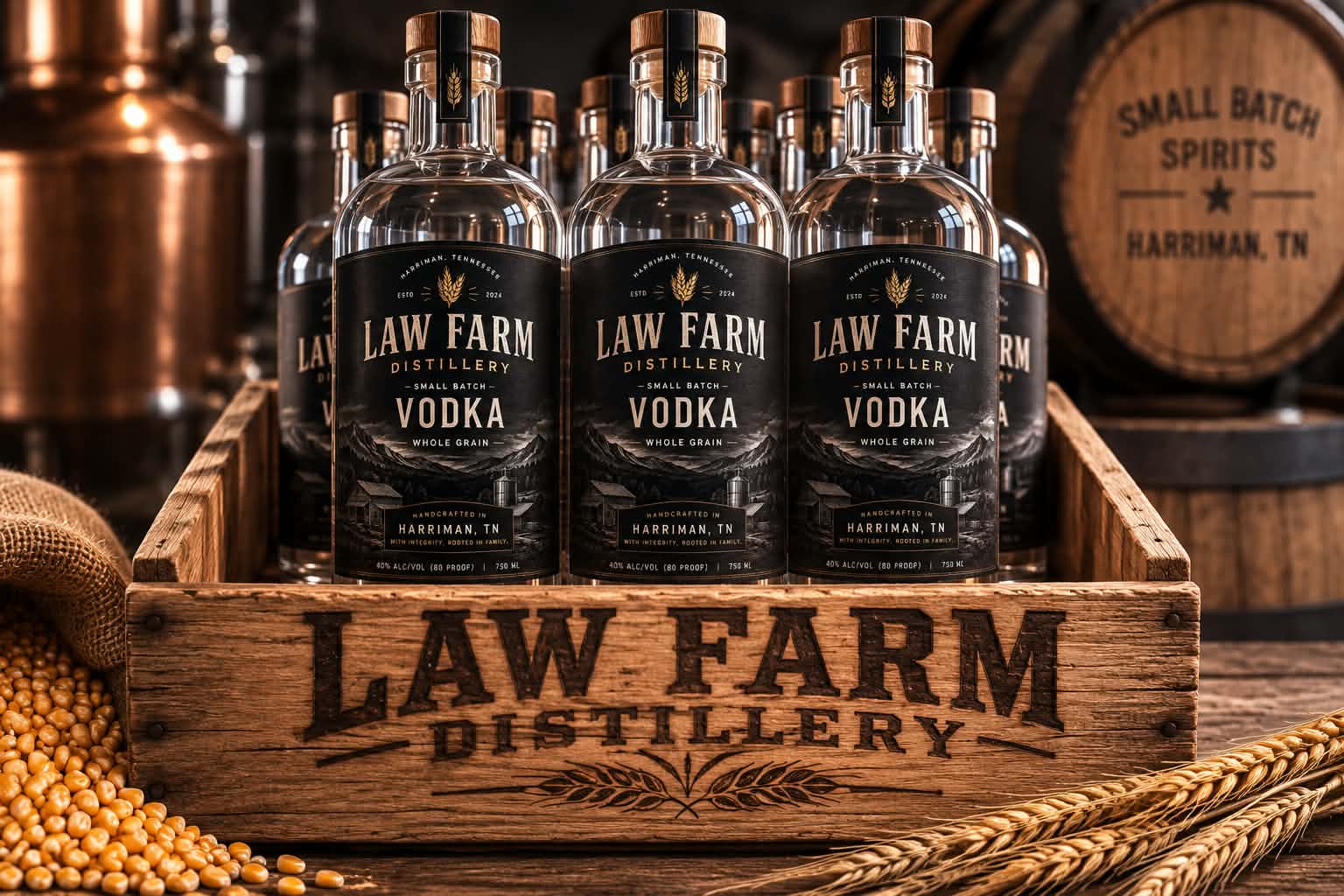 Law Farm Distillery Vodka bottles in branded crate